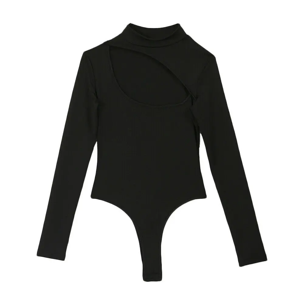 

Zoulv 2021 High Turtleneck Solid Color Slim Ladies High Cut Bodysuit Jumpsuit Sexy Women Front Hollow Out Long Sleeve Romper