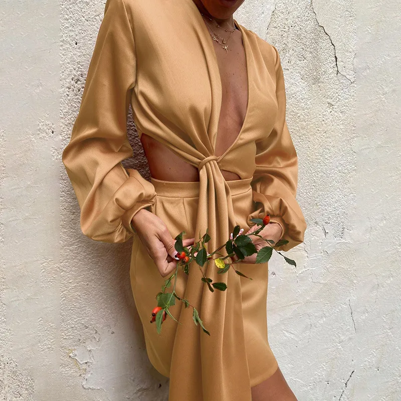 

Ajoc Elegant Satin Silky Wrap Dress for Women Long Sleeve Cut Out Dresses Bodycon Outfits Birthday Party Club Dress