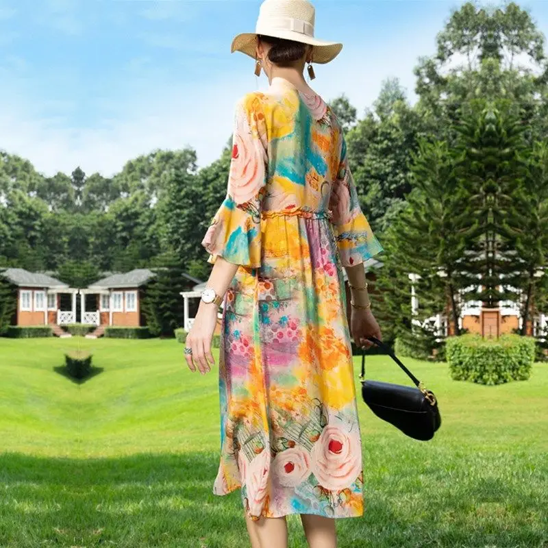 

New Hangzhou Ruffle Printed Silk Dress In Spring And Summer Of 2021