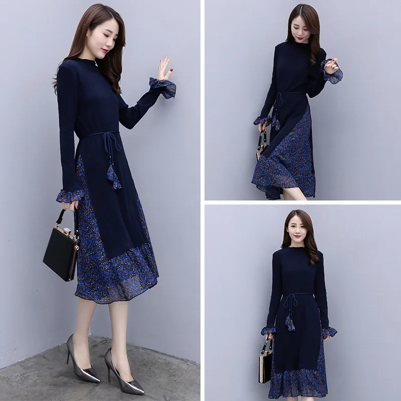 

2020 New Women's Autumn Black Red Slim-Fit Midi Dress Women's Knitted Floral Bell Sleeve Long-Sleeved Dress Vestidos