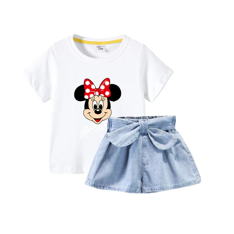 

Summer Fashion Teen Girls Clothing Minnie Mouse Shirt&Denim Shorts Two Piece Set Little Children Outfits Cute Daisy Duck Clothes