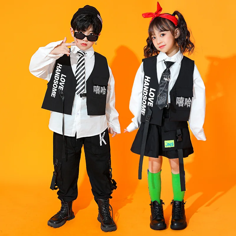 

Kid Kpop Hip Hop Clothing White Shirt Top Vest Streetwear Tactical Cargo Jogger Pants Skirt for Girl Boy Dance Costume Clothes