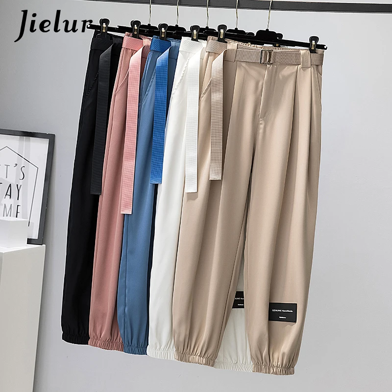 

Jielur Autumn Thin Casual Trousers Female Korean Street Fashion Harem Pants Belt Patches Loose Cool Khaki White Women Pants M-XL