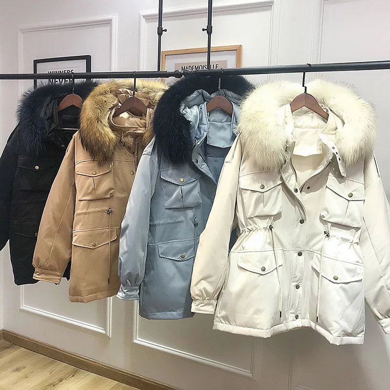 FTLZZ зимние парки с белым утиным пухом для женщин большой воротник из меха енота