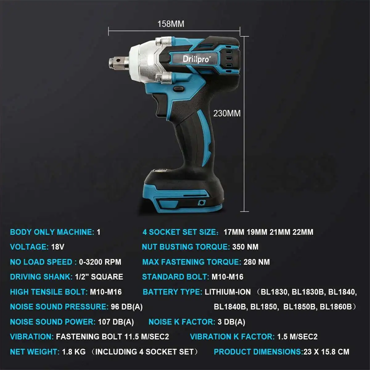 

350N.m Brushless Cordless Impact Wrench 1/2 inch Electric Wrench Power Tools Compatible For Makita 18V Battery(Tool Only)