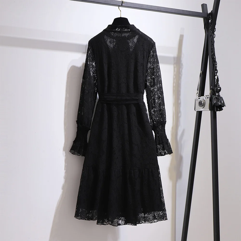 Женское осенне-зимнее платье с кружевом, Черное мини-платье на пуговицах с длинным рукавом и поясом, размеры 3XL, 4XL, 5XL, 6XL, 7XL от AliExpress RU&CIS NEW