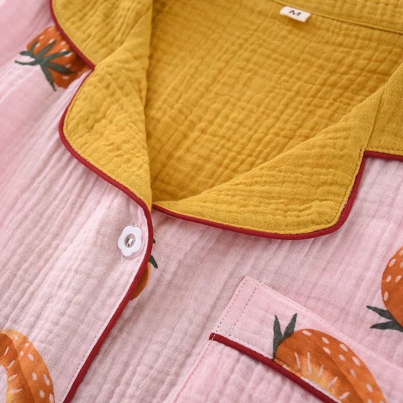 

Spring New Ladies Pajamas Set Sweet Strawberry Printed Women Turn-Down Collar Sleepwear Comfort Gauze Cotton Loose Homewear