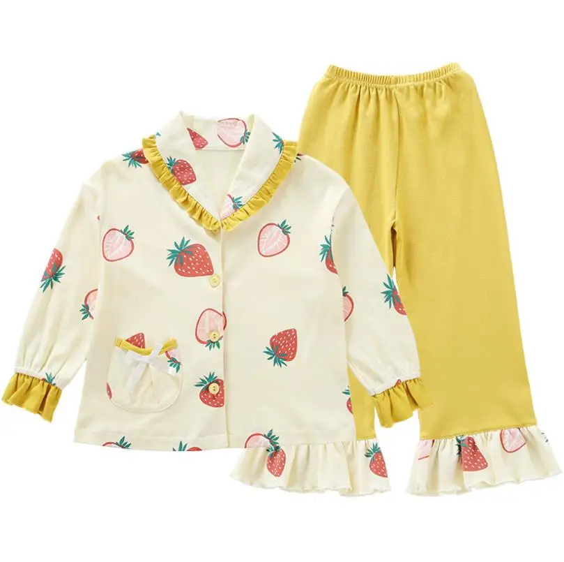 100% хлопок Детские комплекты с длинными рукавами и оборками Домашняя одежда