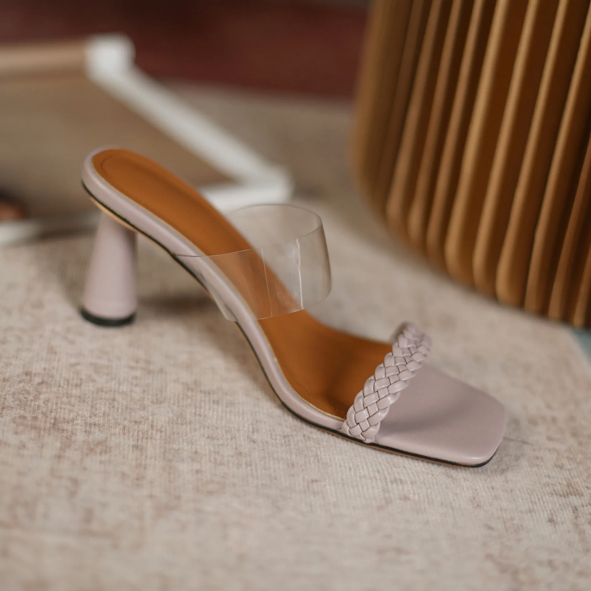 

Low Slippers Casual Transparent Heel Shoes Slides Luxury Soft Basic Rome Fabric Rubber PU Concise Fashion Hoof Shoes Women Ladi