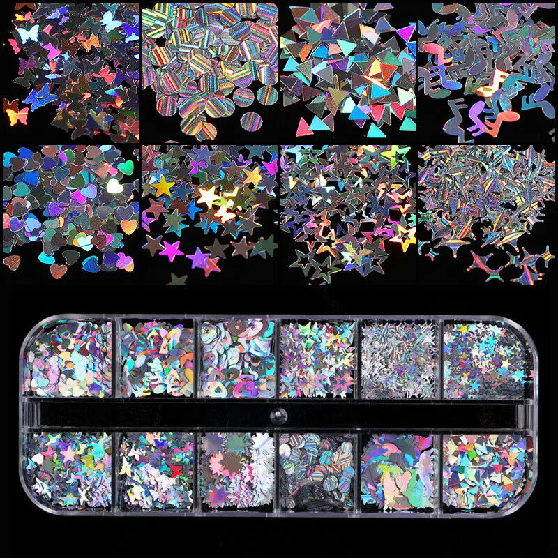 

12 grids/box AB holographic laser flash sheet full mixed triangle star heart moon flash sequin nail art decoration sequin