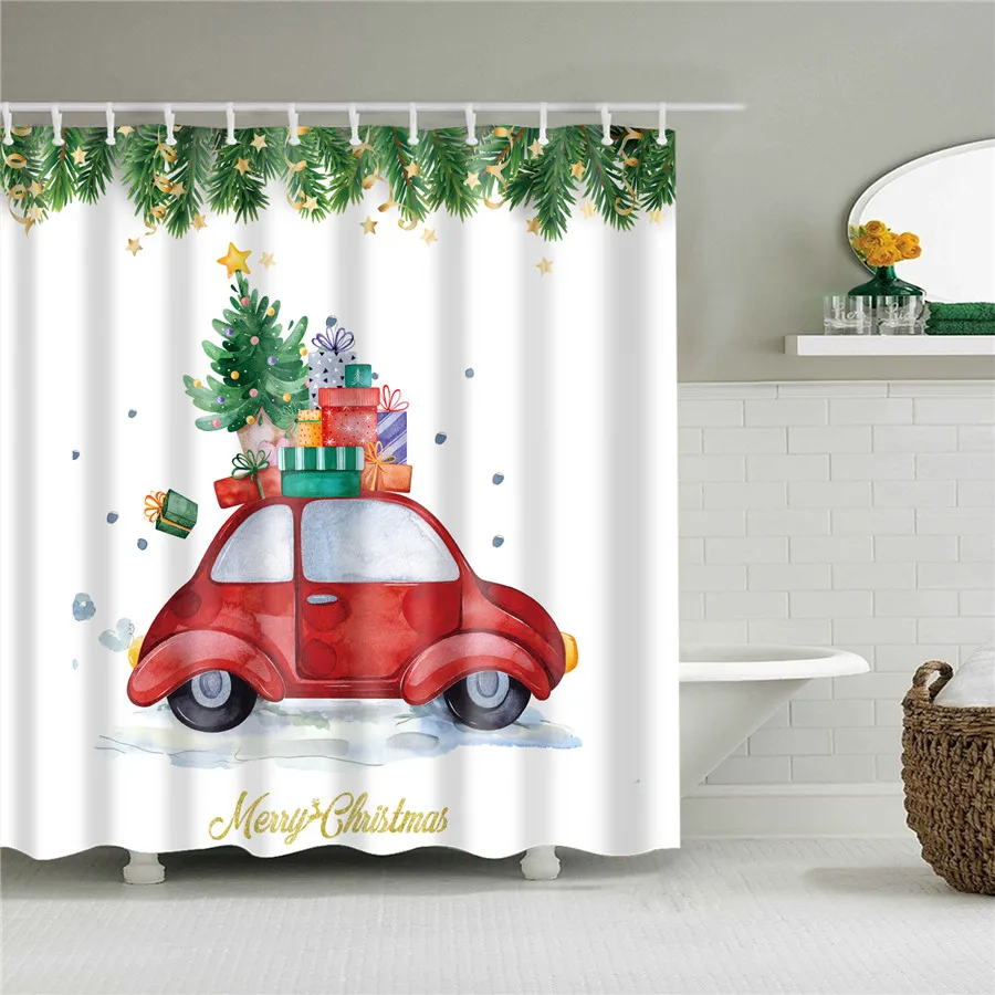 

Merry Christmas Christmas Tree Bathroom Shower Curtains Fabric Pine Tree Red Truck Pattern Curtains Polyester Bathroom Curtain
