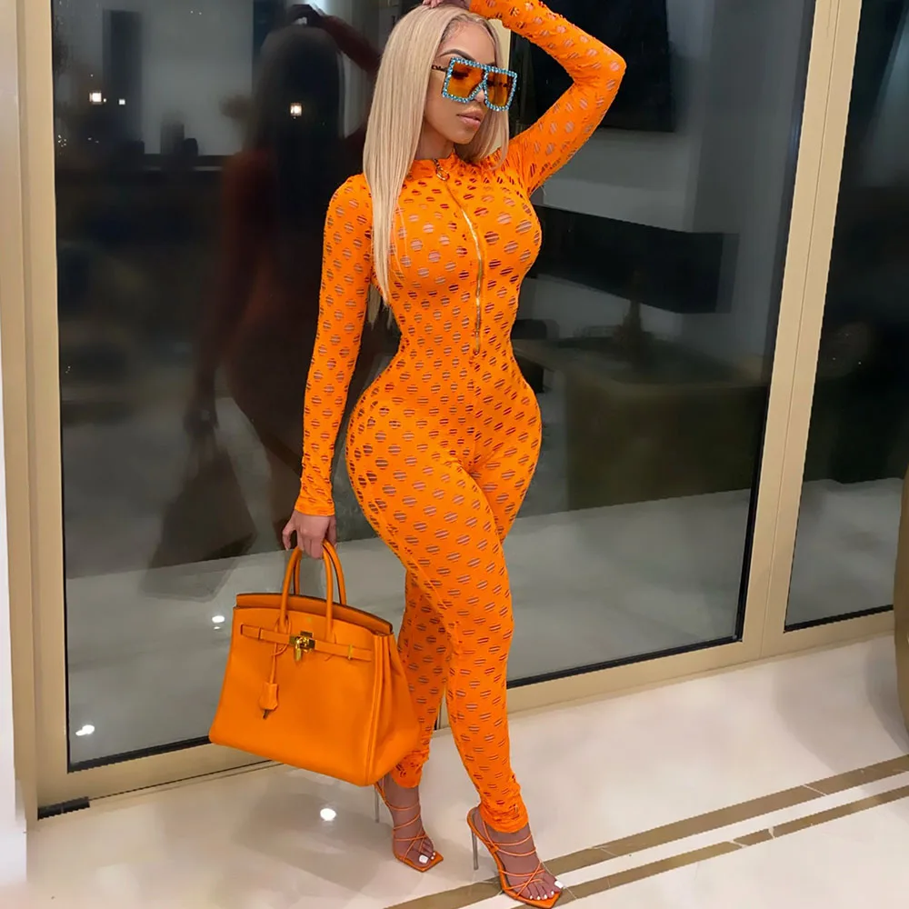 

Hollow Out Sheer Sexy Rompers Jumpsuit Women Front Zipper Long Sleeve Night Out Club Party Bodycon One Piece Overalls for Women