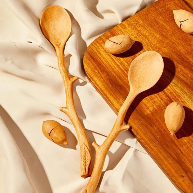 

Деревянная ложка в японском стиле, Буковые ложки в форме ветки, длинная ручка, столовая посуда, 1 шт.