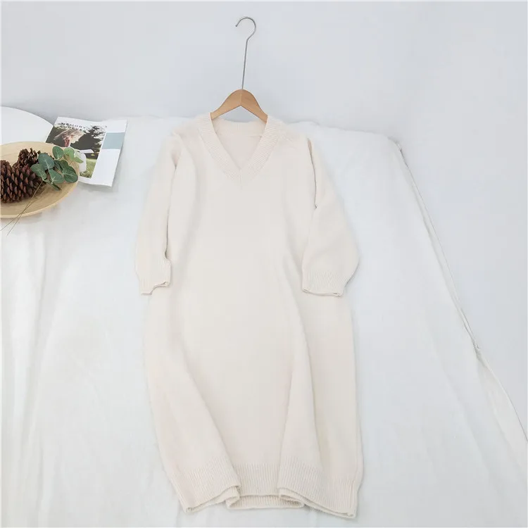 

Autumn and winter extended over-the-knee sweater dress Solid color V-neck pullover soft base knitted sweater women