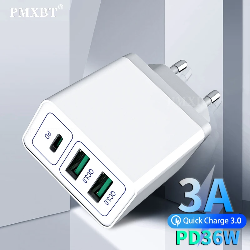 

36W PD+USB Quick Charge Charger EU US UK Plug Power Adapter For iPhone 12 Pro Max Mobile Phone QC 3.0 USB Fast Charging Charger