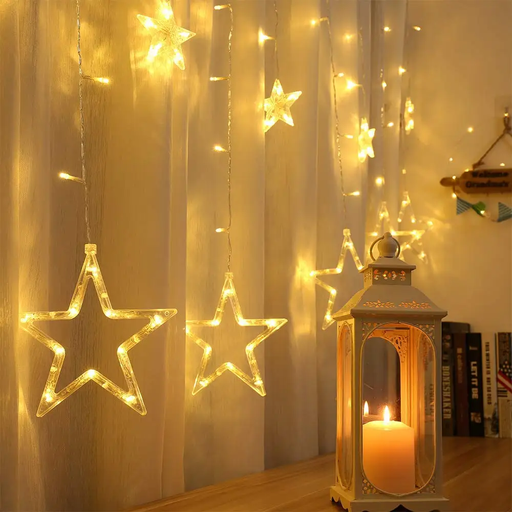 star curtain light Светодиодный светильник с Лунной звездой, гирлянда Ins, Рождественский светильник s, декоративный праздничный светильник s, занавес, вечерние, свадебные, Неоновые фонари, 220 В, сказочный светильник - Испускаемый цвет: star curtain light