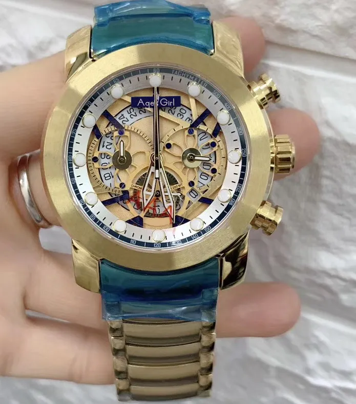 

Classic New Men Chronograph Sapphire Stainless Steel Yellow Gold Silver Black Blue Luminous Skeleton Waterproof Sport Watch
