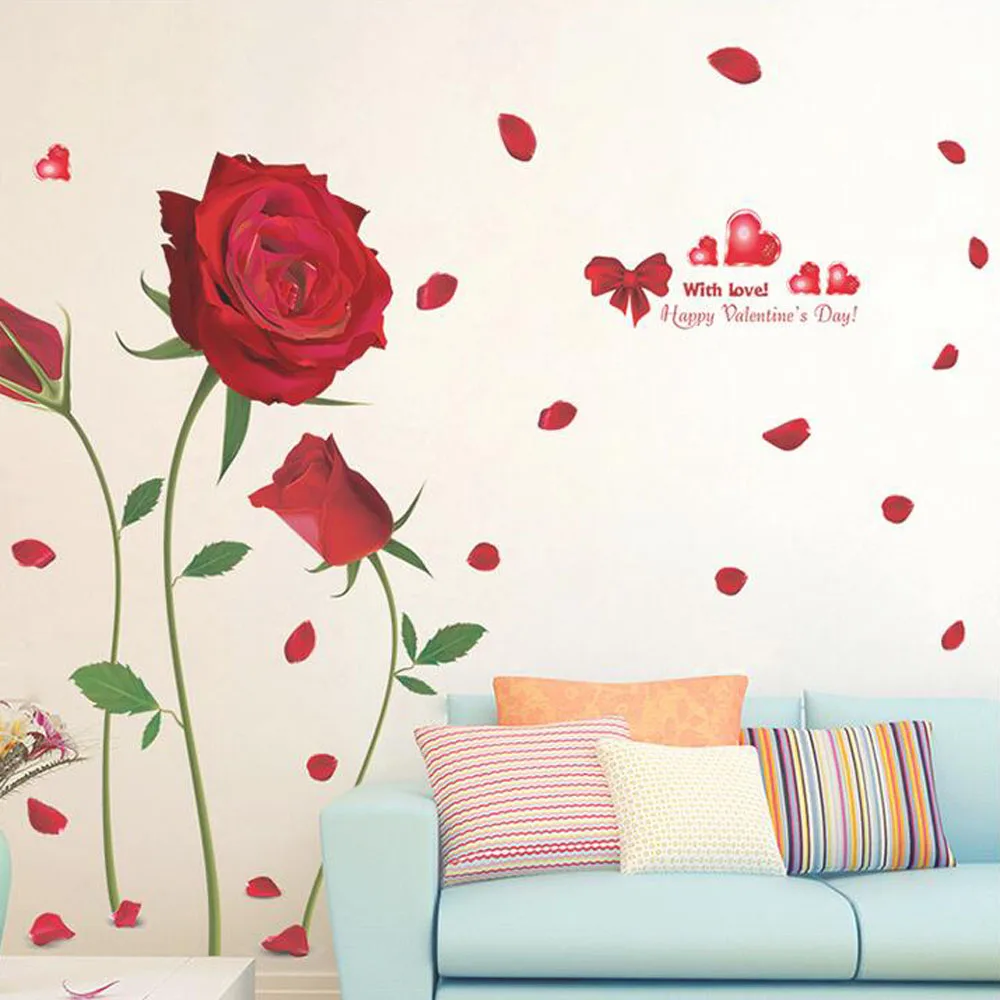 

Red Rose Wall Stickers Beautiful Flower Wall Decal DIY Art Decal TV Sofa Background Romantic Mural Living Room Home Decoration