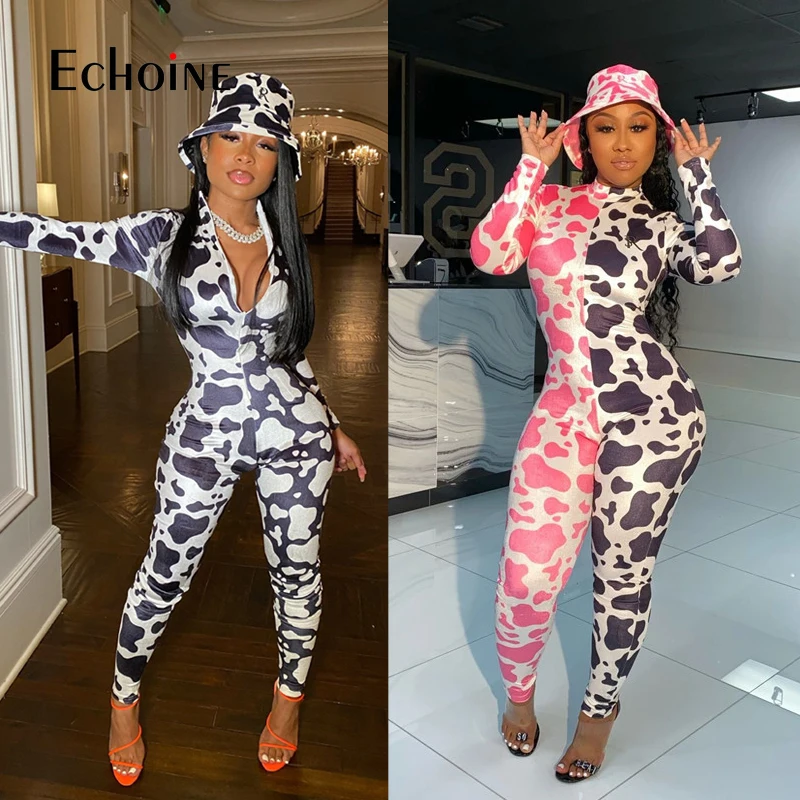 Женский комбинезон из спандекса с длинным рукавом и принтом коровы |