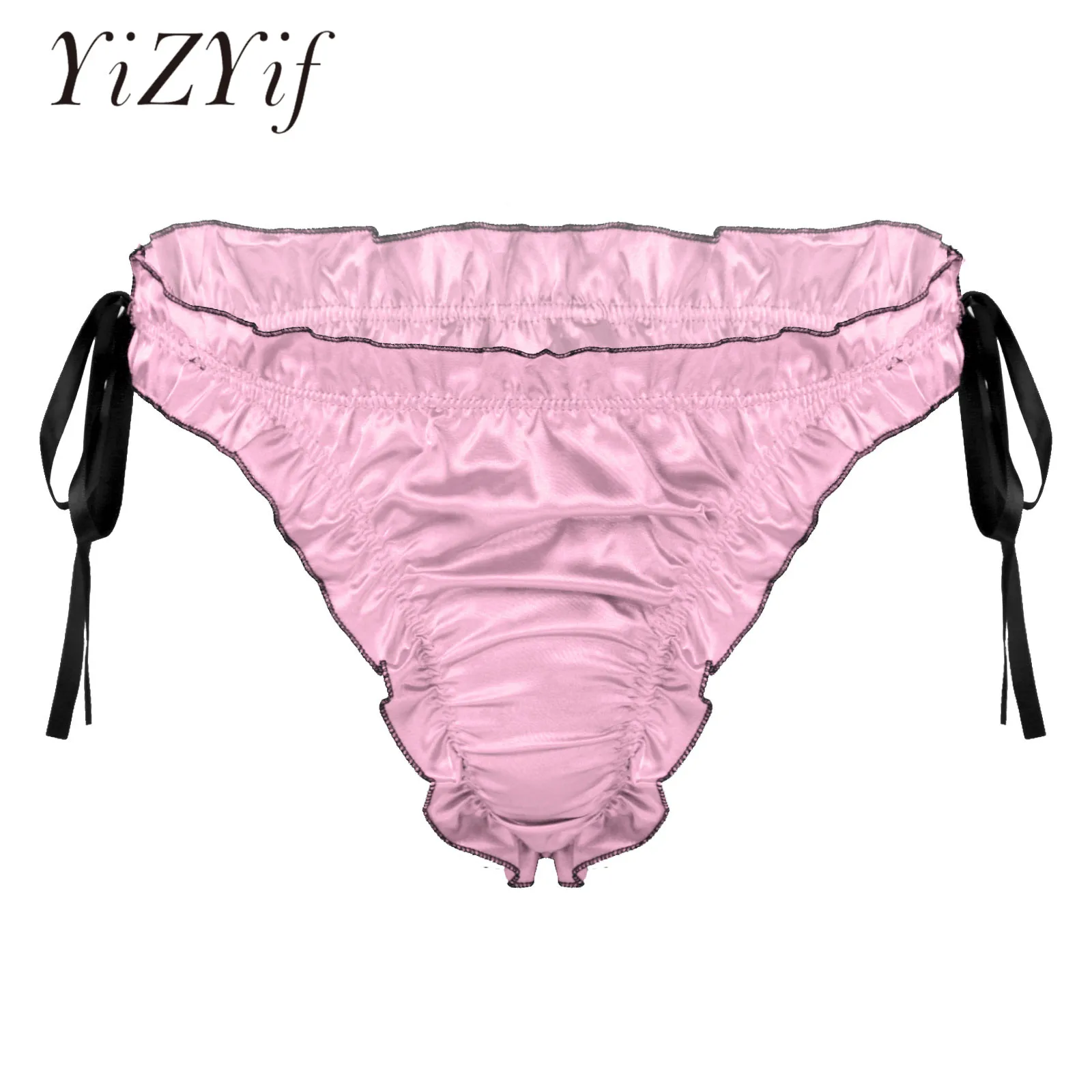 

Sexy Gay Mens Erotic Lingerie Sissy Underwear Ruffles Satin Bulge Pouch Briefs Panties Breathable Lace-up Pleated Trim Underpan
