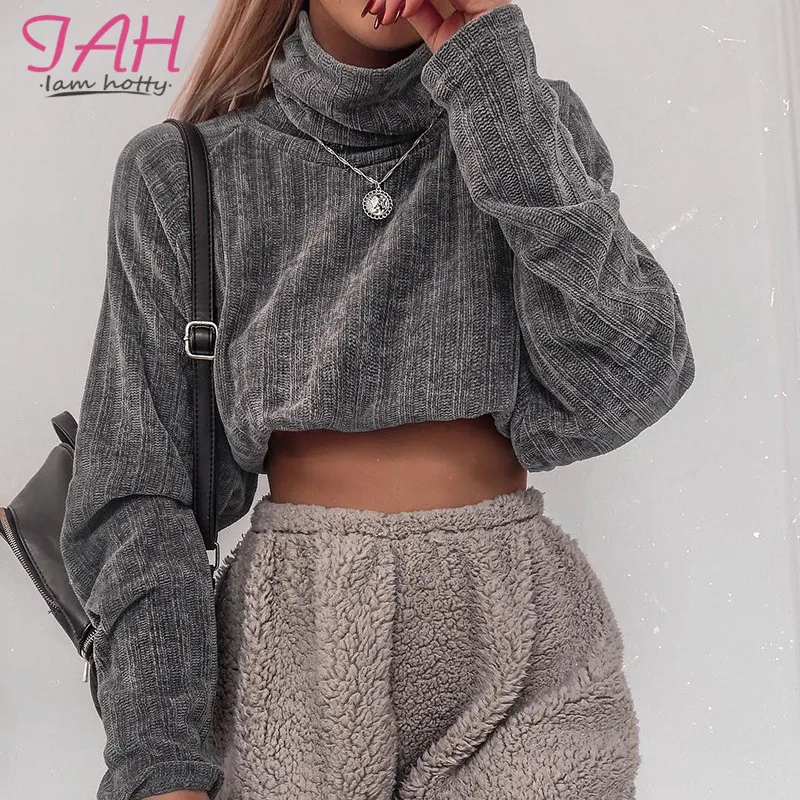 Новый модный Повседневный свитер IAMHOTTY с воротником-шарфом Женский вязаный серый