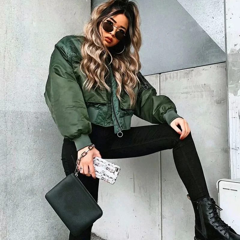 

Women's Coat Fashion Women's Autumn Winter Green Short Jacket Women's Fashion Long Sleeve Zipper Jacket Dropshipping