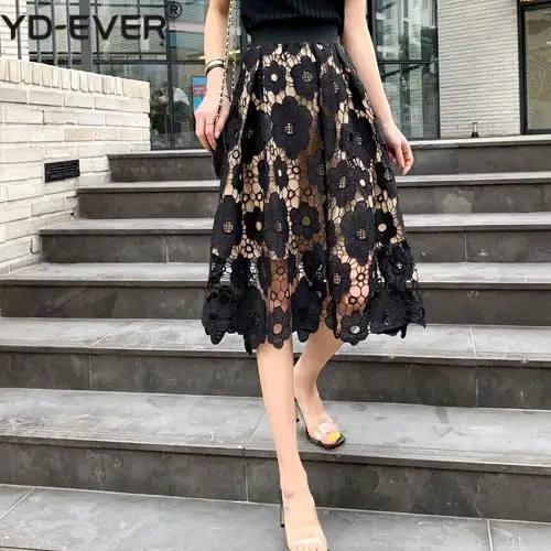 Женская кружевная юбка с завышенной талией зеленая ажурная Юбка До Колена