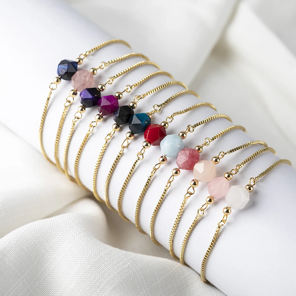 

Natural Rough Natural Stone Healing Calm Energy Precious Stone Bead Adjustable Gold Color Dainty Link Bracelets For Women