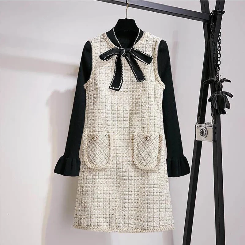 

Bow Neck Flare Sleeve Black Knitted Sweaters Winter 2022 Plaid Vintage Sleeveless Dresses For Women Two-piece Set Womens Suit