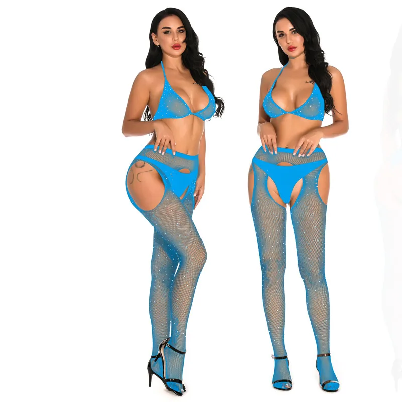 Сексуальные бриллиантовые женские ажурные сетчатые сорочки боди стразы Женская