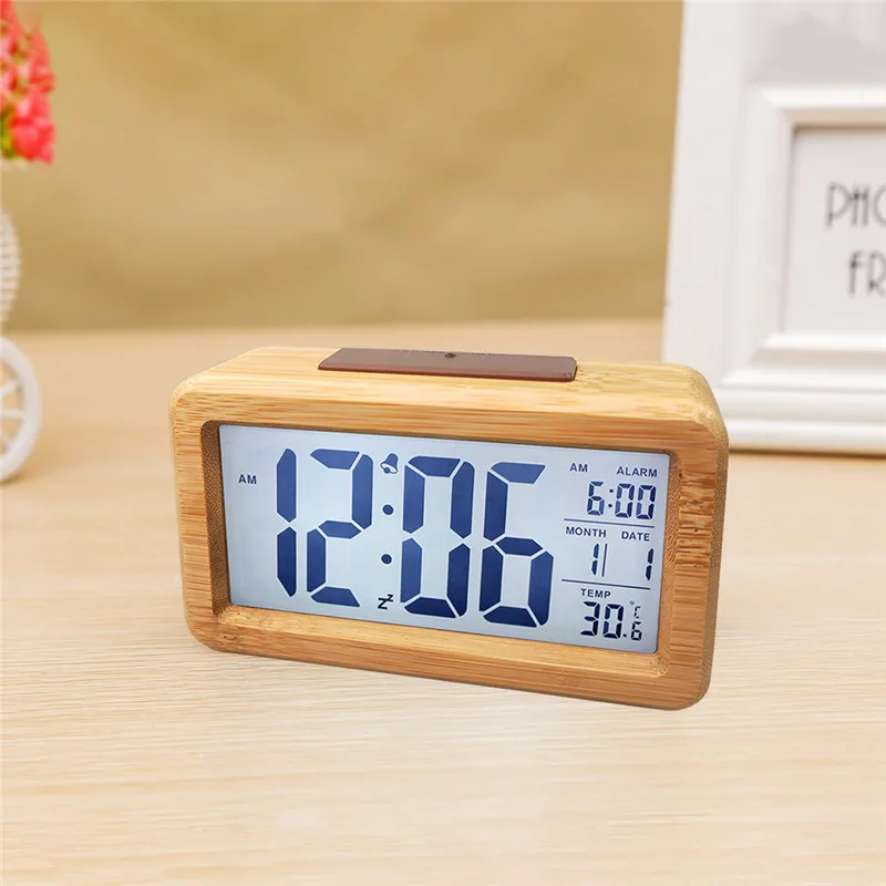 Easy Setting Wooden Digital Alarm Clock with Temperature Date Backlight Snooze Functions for Bedroom Non Ticking | Дом и сад