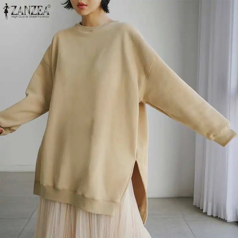 

ZANZEA Fashion Women Sweatshirts 2022 Spring High Low Tops Casual Solid Long Sleeve O-neck Side Split Streetwear