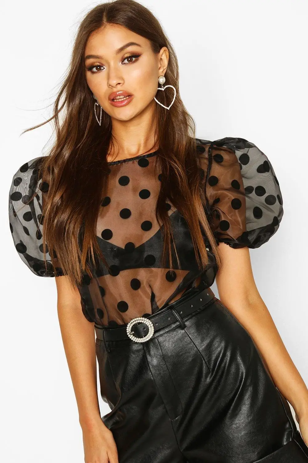 

New Women Chiffon Shirt Mesh Polka Dot Round Neck Pullover short Sleeved Chiffon Shirt Women Temperament Commuter Wild Shirt