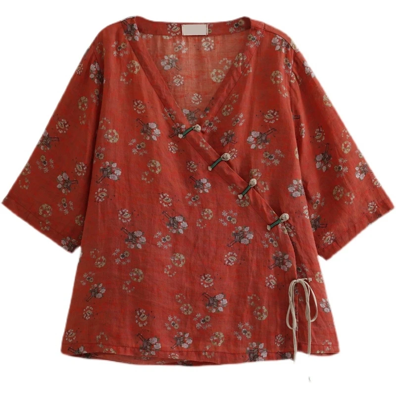 

Chinese Style Vintage Oblique Placket Buckle Cotton and Linen Shirt Women's Mid-Sleeve Cheongsam Top Loose Large Size Ramie