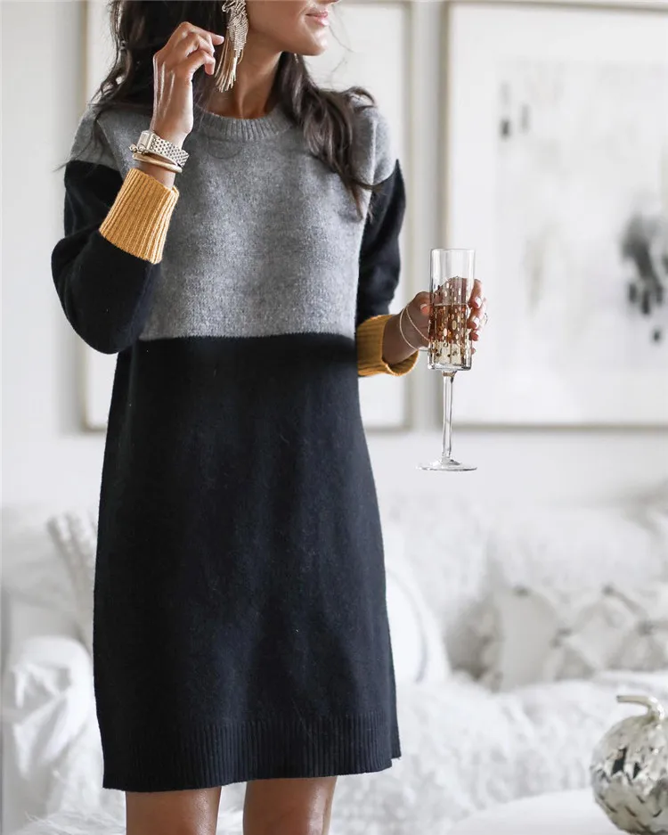

Uguest Autumn Women Casual Retro Sweater Dress Plus Size O-neck Patchwork Long Sleeve Loose Straight Winter Warm Knitted Dresses