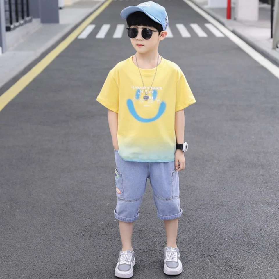 

Yellow/Blue Color Summer Boys Clothes Sets Pullover T-shirt + Short Pants 2 Pieces Sport Casual Suit Shool Boys 3T 4 6 8 10 12