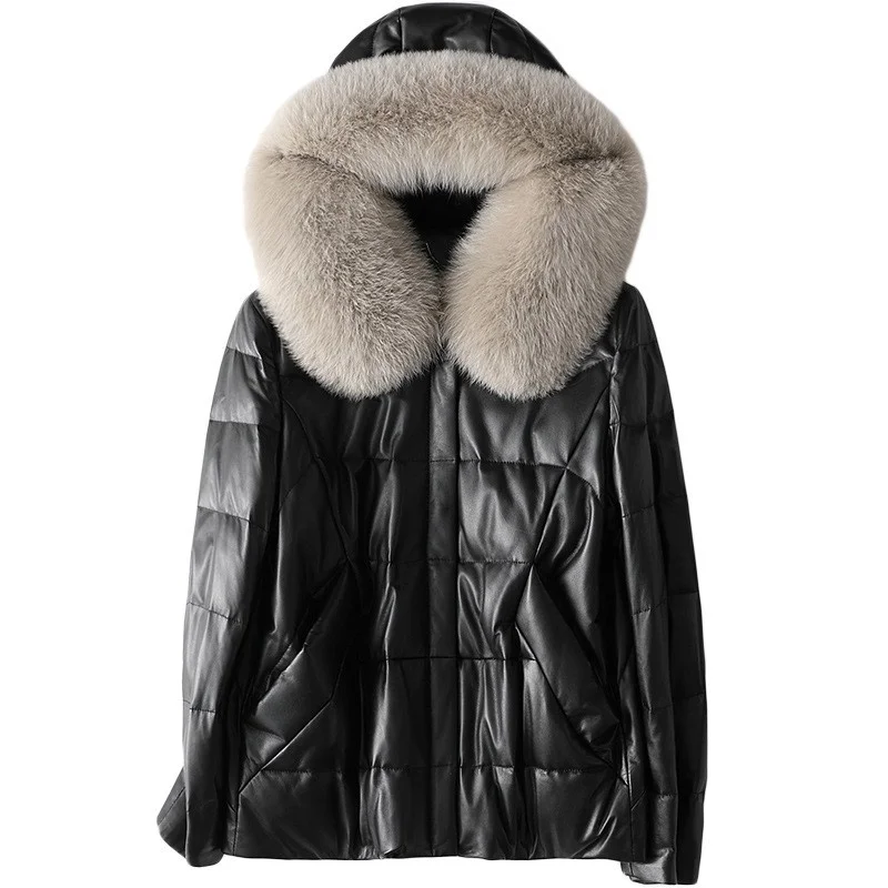 

Leather jacket with a fox fur collar, thick and hot jacket with a hood, female legitimate leather jacket with sheep skin