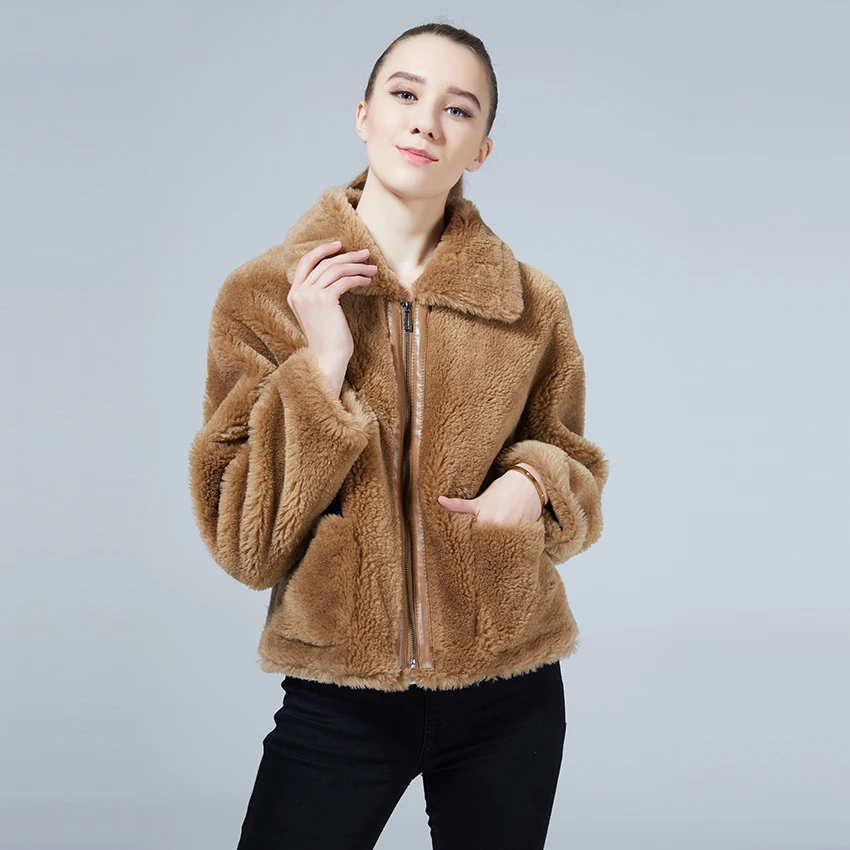 Меховая зимняя куртка для женщин Овечья шуба из 100% натурального меха короткий