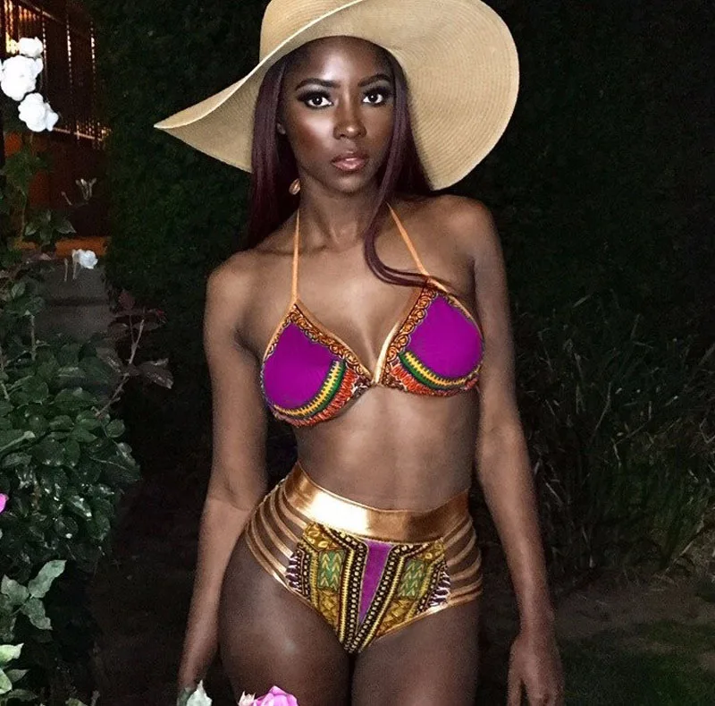 

2020 New African Print Two-Pieces Bath Suits Bikini Set Sexy Geometric Swimwear Swimsuit Gold High Waist Swimming Suit