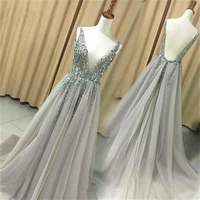 deep v neck backless with sweep train grey prom dress with sequins and beading young lady flower girl dress