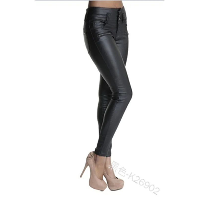 

Mandylandy Women Fashion Button Leggings PU Leather Pants Ladies Slim Hip Stretch Trousers Pants