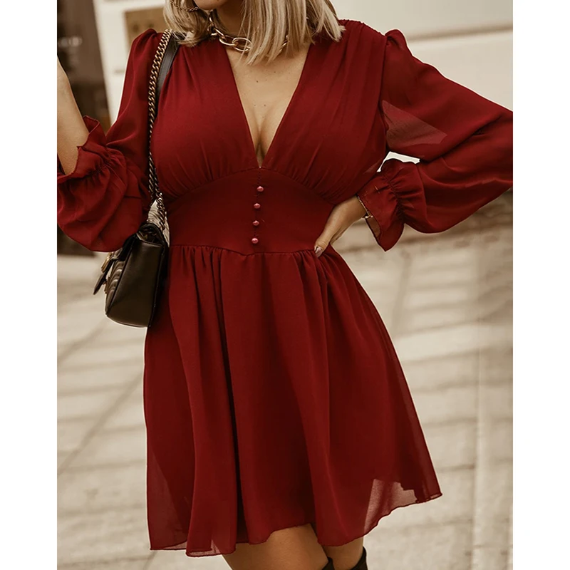 

Party Chiffon Red Dresses For Women Autumn Full Sleeve Sexy V-Neck Bead High Tight Waist Fashion Bodycon Vestidos Mujer SJ7277C