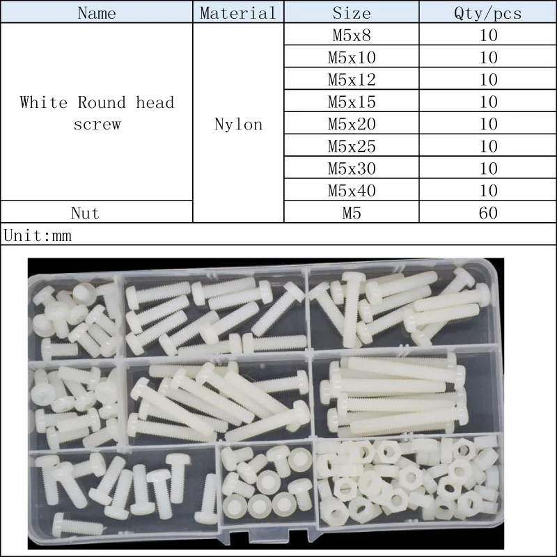 

M2 M2.5 M3 M4 M5 M6 White Nylon Pan Head Phillips Machine Screw Metric Thread Cross Plastic Round Head Bolt Assortment Kit