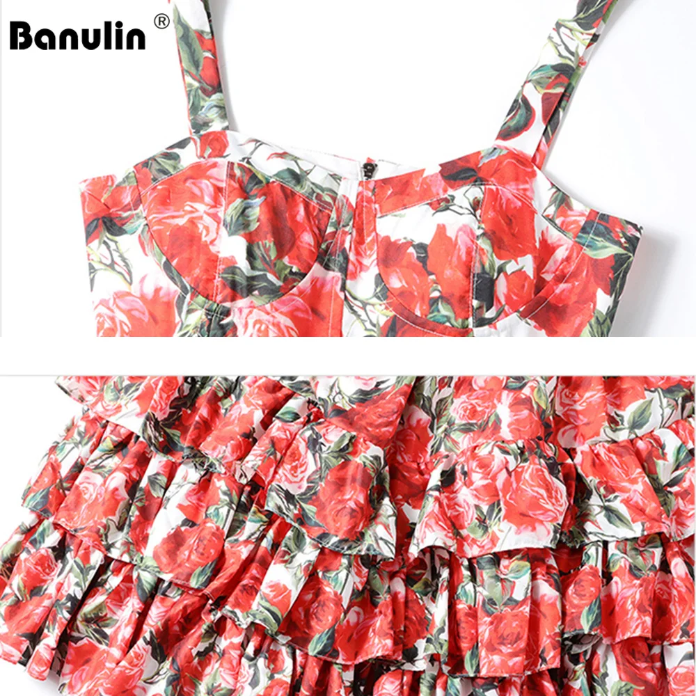

Banulin Fashion Designer Runway Ball Gown Dress Summer Women Spaghetti strap Backless Floral Print Cascading Ruffle Beach Dress