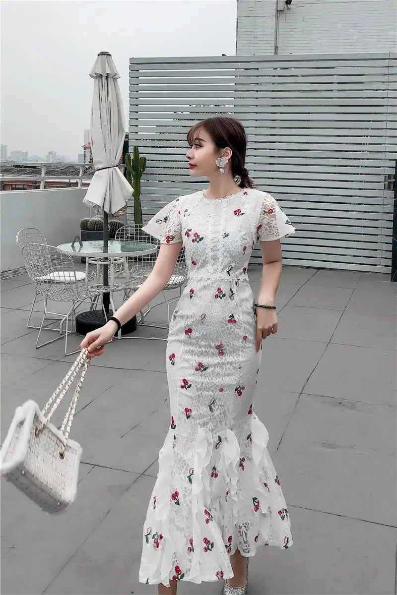 

2020 Vestido Longo Women Lace Dress Summer Direct Selling Top Fashion Polyester Office Woman Long Cherry Printing Sweet Female