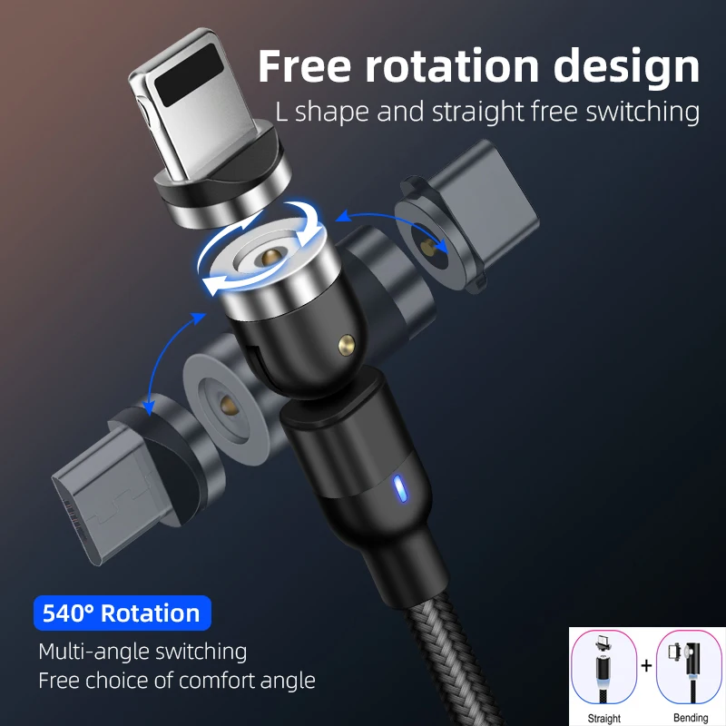 Магнитный кабель Micro USB Type C с поворотом на 540 градусов 3 А для iPhone 11 Pro Max Samsung Line