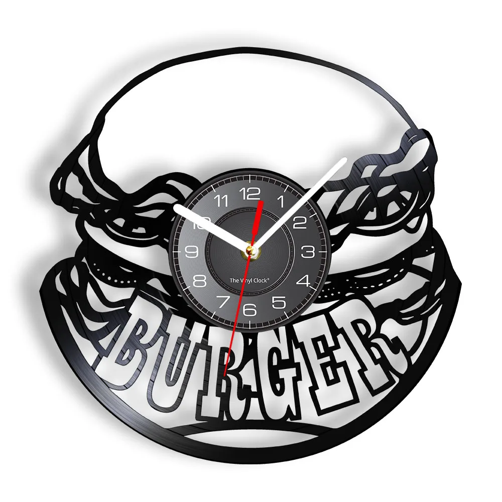 Burgers Fast Food Restaurant Laser Cut Longplay Wall Clock for Snack Hamburger Chips Bar Coffee Vinyl Record Clock Timepieces