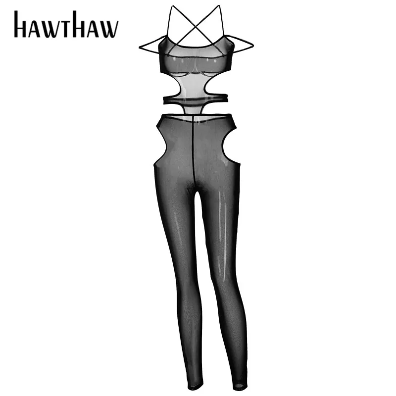 

Hawthaw Women Summer Sleeveless Hollow Out Party Club Mesh See Through Bodycon Jumpsuit Overall 2021 Female Clothing Streetwear