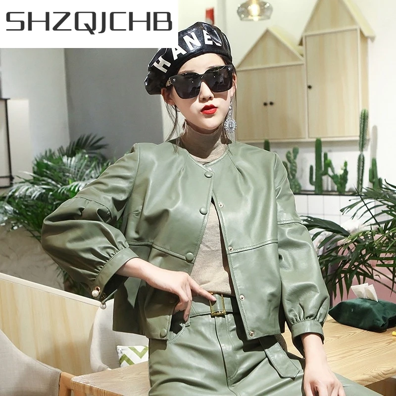 

JCHB 2021 Elegant Real Sheepskin Short Coat Women Autumn Outerwear Lantern Sleeve Genuine Leather Jacket Vintage Single Breasted