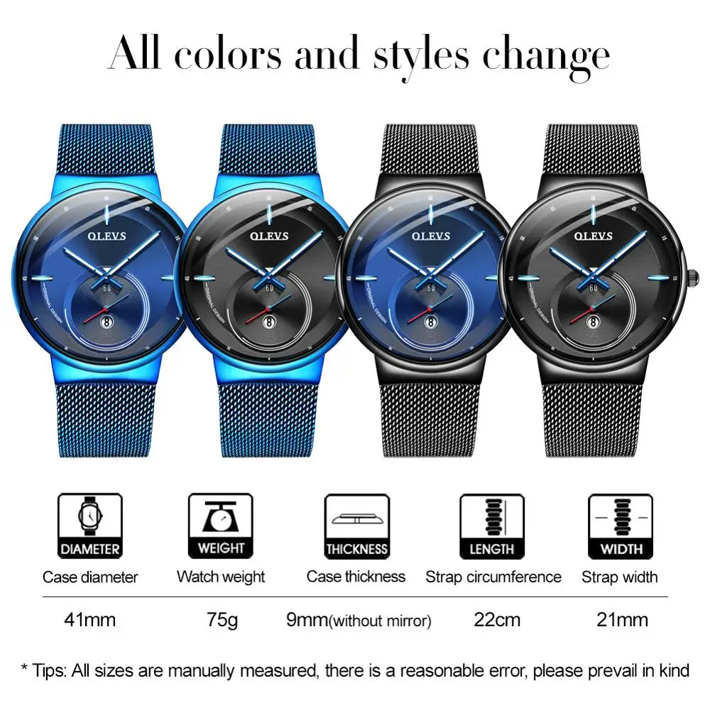 NEW OLEVS Watch Men Luxury Quartz Date Blue Dial Thin Top Brand Watches Sports Chronograph Mesh Belt Wrist Watch Man Clock
